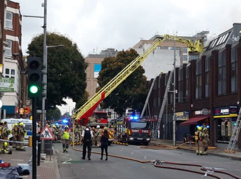 London Fire Brigade at scene of fire above Costa Coffee in West Ealing