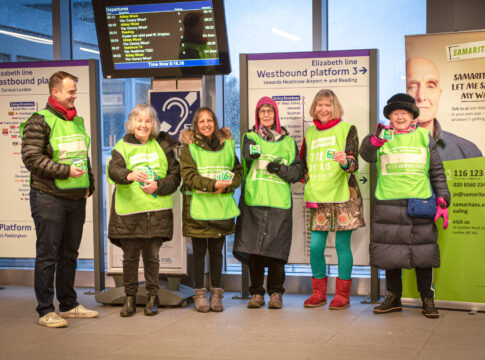 A group of volunteers from the Ealing, Hammersmith and Hounslow Samaritans branch at Ealing Broadway station on Brew Monday, 2023.