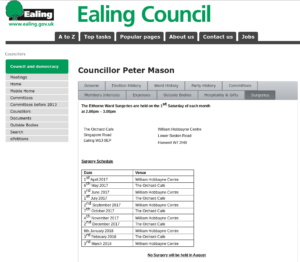 Councillor Peter Mason Saturday surgeries 2017 to 2018