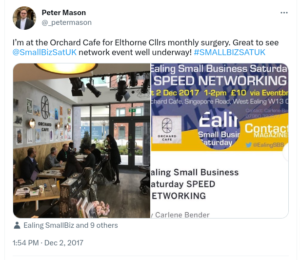 Councillor Peter Mason at surgery on Saturday in Elthorne in 2017