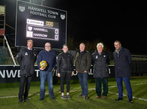 Photo by: Simon Jacobs Latimer sponsor a match between Hanwell FC and Harrow. From left: Nigel Hunt, club CEO, Latimer resident John Curran Elsa Jones, club marketing manager Mark Williams, Director of Technology, Bob Fisher, Club Chairman and Paul Walker, National Sales Director