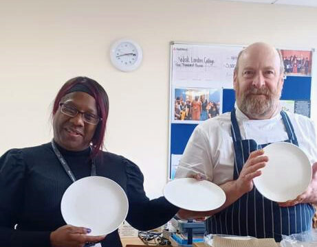 West London College head of service industries Denise Charles and Chef Bob Carruthers nnpacking the China Donated by Wedgwood