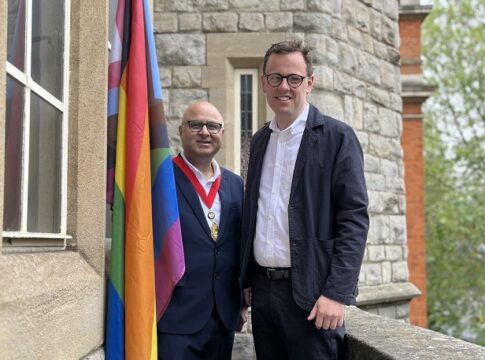 Mayor of Ealing Councillor Hitesh Tailor and Ealing Council leader Councillor Peter Mason raise Pride flag at Ealing Town Hall