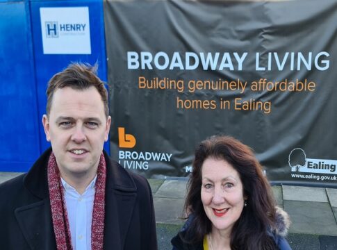 Ealing Council leader Councillor Peter Mason and Councillor Lauren Wall outside Henry Construction site