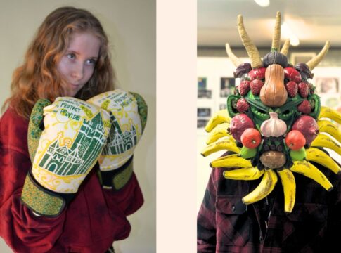 A model wears the boxing gloves by Jack Kennedy and a model wears Om Majithia's Helmet