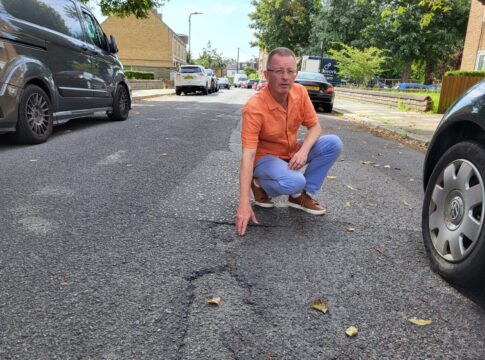Councillor Andrew Steed showing Church Path pothole