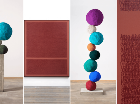 (Left to right) Stack 8, Manganese Violet, 2023 by Annie Morris; A hard-silenced tear, 2023 by Idris Khan; Stack 3, Cobalt Turquoise, 2021 by Annie Morris; and close up on A hard-silenced tear, 2023 by Idris Khan.