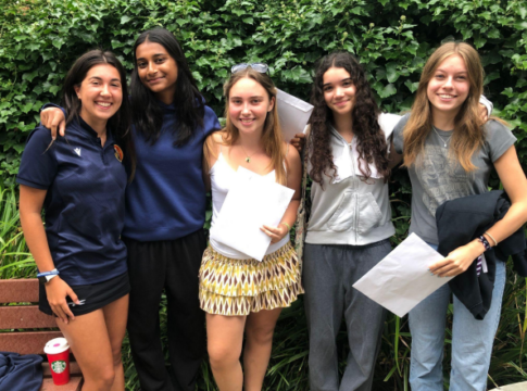 From left: Elena Mistry received ABC and has a deferred university place, Jasmine Saha received AAA and is off to study Neuroscience at University of Manchester, Head Girl Charlotte Pons received A* A* A* B and will study Engineering Design at Bristol, Amy Taylor has planned a gap year, Eliza Beresford will study Material Science at the University of Oxford. Photo: NHEHS