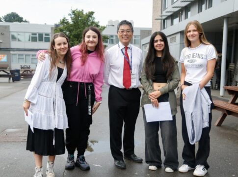 Maya Sleiman, Laila Ait-Siameur, Lola Middleton with headteacher Eliot Wong.
