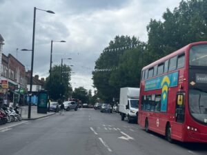 Bunting for King Charles III Coronation left up in Greenford Broadway. Photo: EALING.NEWS