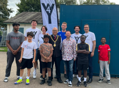 Group of local children attending the event, coaches, Sally Chacatté, founder of W4 Youth; Mayor of Ealing, Hitesh Tailor; Gary Malcolm, Councillor and W4 Youth Trustee; and Marcell Chacatté, W4 Youth Trustee. Photo: W4 Youth