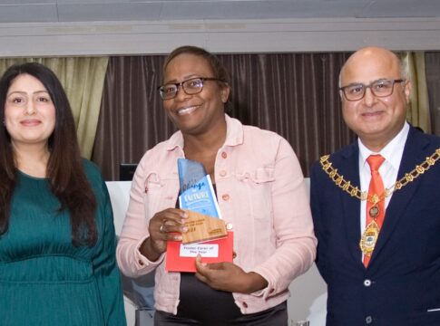 (L-R) Councillor Kamaljit Nagpal, Ealing’s cabinet member for a fairer start; Tracey Carvey-White, foster carer; Councillor Hitesh Tailor, Mayor of Ealing. Photo: Ealing Council