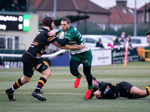 Jonah Holmes of Ealing Trailfinders during the RFU Championship match between Ealing Trailfinders and Caldy RFC at Trailfinders Sports Ground. Photo by Liam McAvoy.