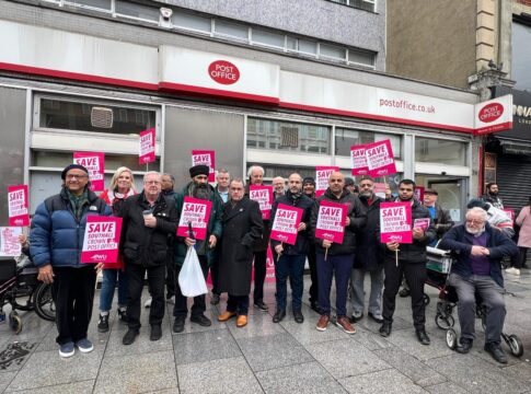 Locals and politicians outside Southall Broadway Post Office. Photo: x.com/ @CWU_Huw