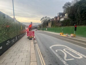 Temporary traffic lights on Old Oak Common Lane. Photo: EALING.NEWS