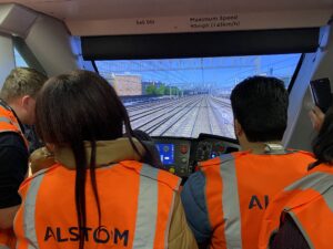 Pupils from Ealing SEND Hub use train simulator at Alstom’s Old Oak Common depot. Photo: Alstom