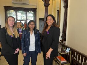Dr Rupa Huq at The Pretty Parlour with manager Ciara Blundell and founder Kim Bassaragh,