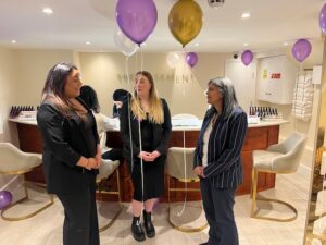 Dr Rupa Huq at The Pretty Parlour with manager Ciara Blundell and owner Kim Bassaragh, Photo: EALING.NEWS