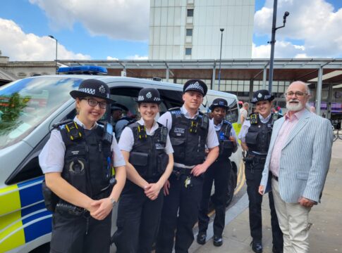 Alastair Mitton (right) with Ealing Safer Neighbourhood police. Photo: Ealing Liberal Democrats