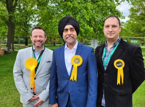 Ealing LibDem Councillors Gary Malcolm (left) and Councillor Gary Busuttil (right) with candidate Kuldev Singh Sehra (middle). Photo: Ealing Liberal Democrats