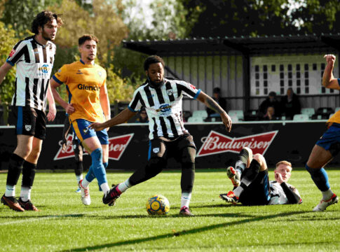 Jordan Edwards scoring Hanwell's first goal. Photo: Louis James/ Hanwell Town FC