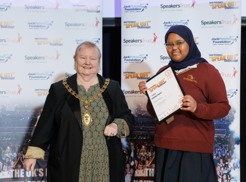 L to R): Mayor of Ealing, Yvonne Johnson, 1st place Hanan Hassan representing The Ellen Wilkinson School for Girls. Photo: Gabriel Nita / Jack Petchey Foundation