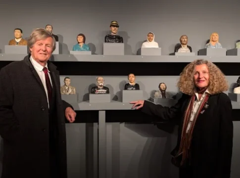 Sculptor Nicole Farhi and her husband, the playwright and screenwriter, David Hare at the preview of J'Accuse...! Pitzhanger Manor & Gallery. Photo: Lucinda MacPherson.
