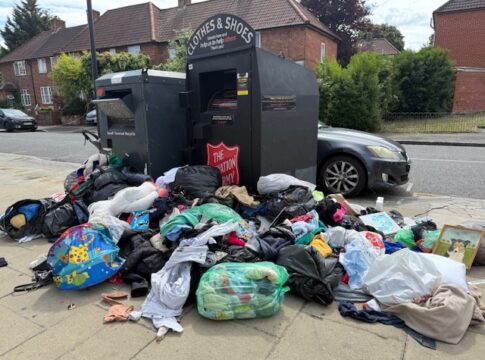 Fly-tipping by donation banks on Bordars Road in Hanwell. Photo: EALING.NEWS