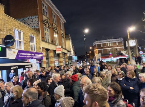 Rally against proposed 24/7 gambling premises in Hanwell. Photo: Dominic Kirkbride