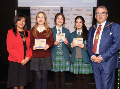 (L to R): Mrs Maria Kelly, Mayoress of Ealing, 1st place Margot Griffiths, 2nd place Emilia Sibley, 3rd place Yara El-Yassine and Mayor of Ealing Councillor Anthony Kelly. Photo: Speakers Trust