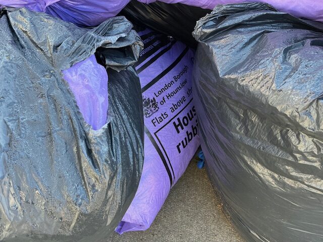 Bags dumped by Traid donation banks on Bordars Road in Hanwell. Photo: EALING.NEWS