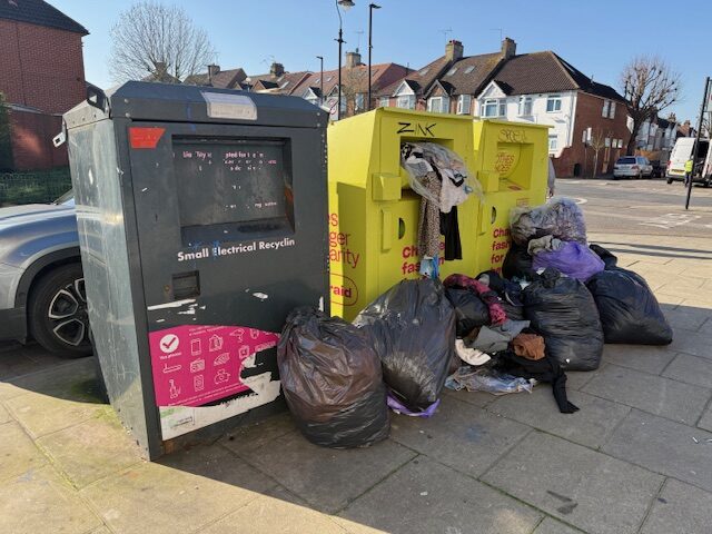 Fly-tipping by Traid donation banks on Bordars Road in Hanwell. Photo: EALING.NEWS
