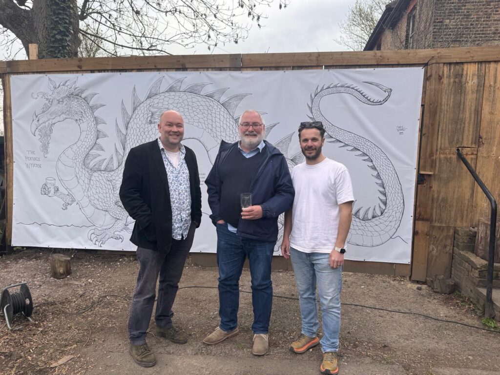 Chris Riddell  with Perivale Brewery's Mike Siddell (left) and Mike Petricevic (right). Photo: Perivale Brewery