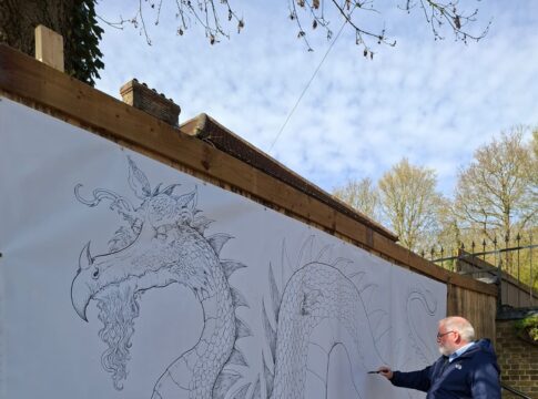 Chris Riddell creating Horsenden Farm mural. Photo: Perivale Brewery