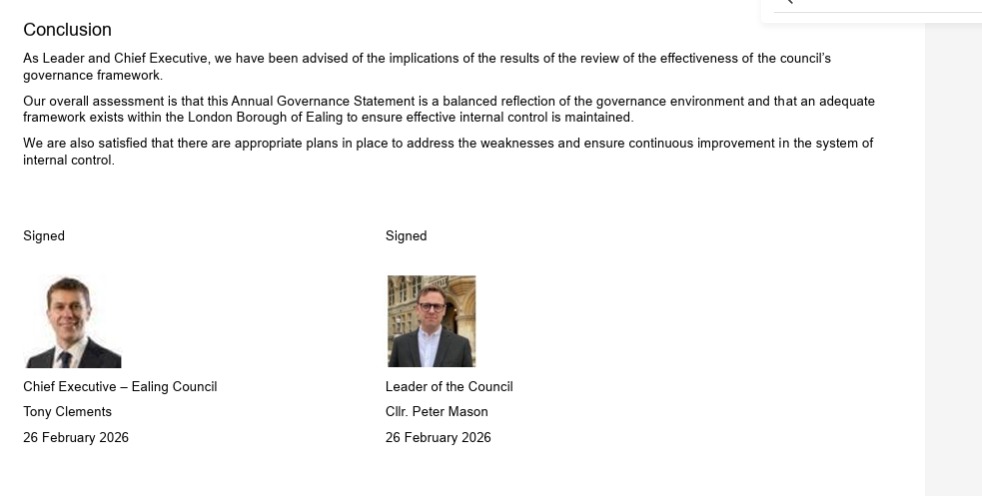 Ealing Council Statement of Accounts for 2024-25 was signed on 26 February 2026 by chief executive Tony Clements and council leader Peter Mason